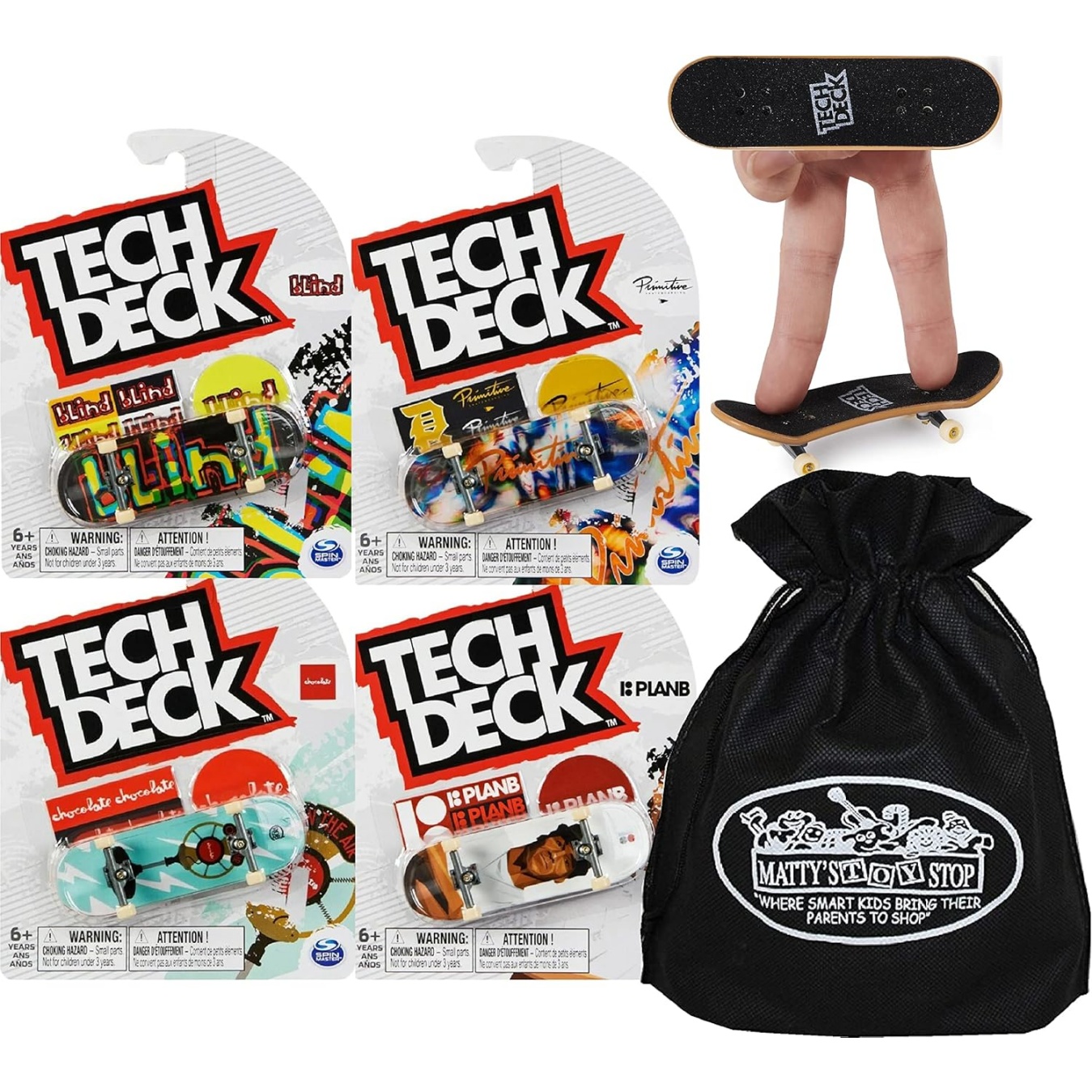 Tech Deck 96Mm Individual Fingerboards Bundle With Matty's Toy Stop Storage Bag - Pack Of 4 (Assorted Styles)
